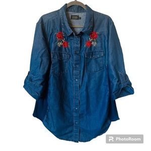 Cavalini Denim Embroidered Rose Western Cowgirl Soft Stretchy Button Down 3X
